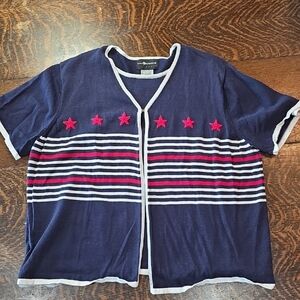 Sag Harbor short sleeve cardigan sweater in a red, white, and navy blue knit